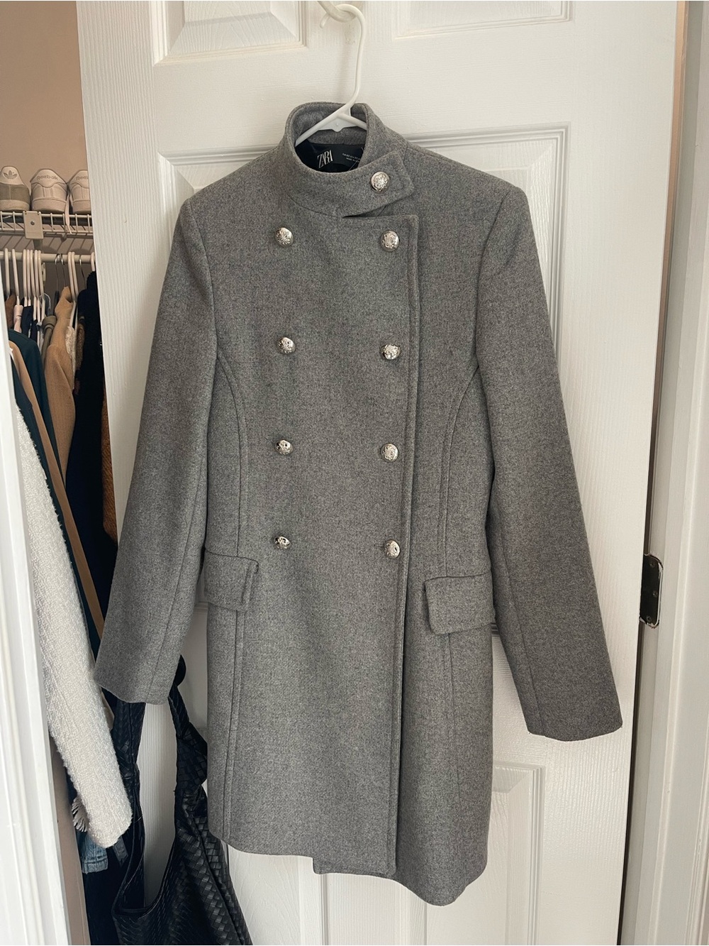 Zara Light Gray Stand-Collar Wool Coat with Decorative Buttons